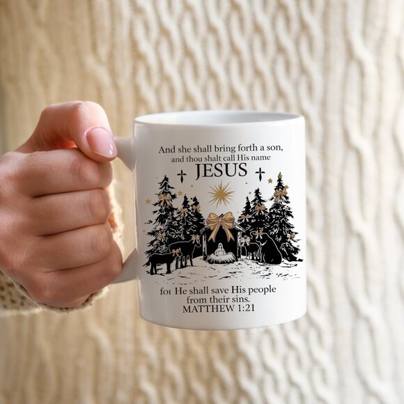 ✨ Jesus Nativity Scene Mug - Matthew 1:21 Scripture - 11oz White Ceramic Coffee - Picture 4 of 4